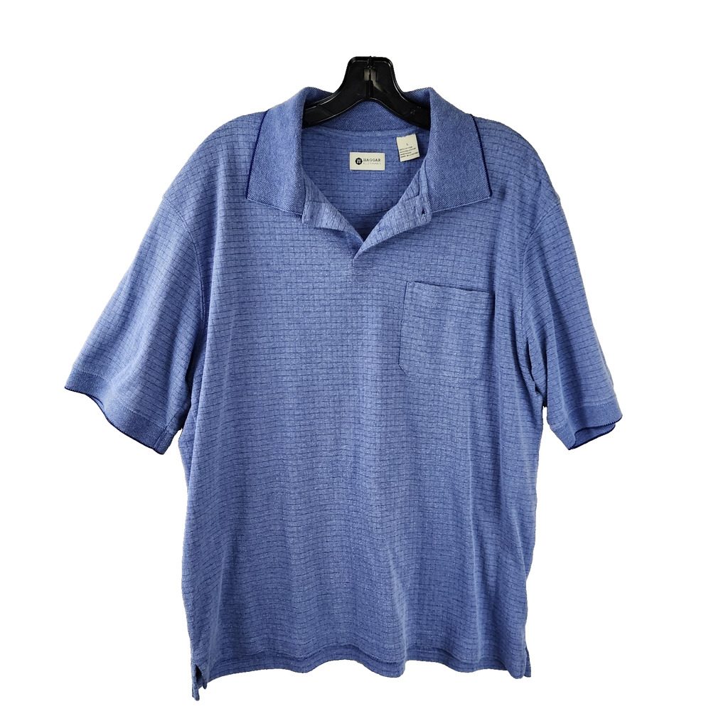 Haggar Textured Grid Pattern Short Sleeve Pocket Polo Shirt Men Large, Blue